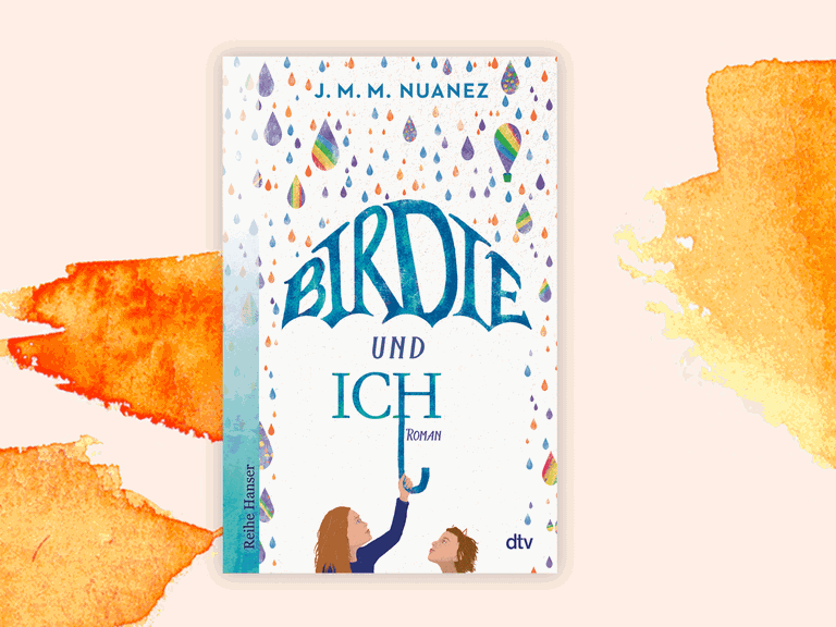 Cover des Jugendromans "Birdie und ich" von J.M.M.Nuanez. Zwei gemalte Kinder schützen sich mit einem Regenschirm vor bunten Regentropfen.