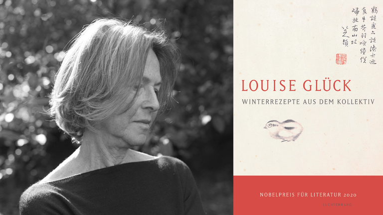 Ein Portrait der Schriftstellerin Louise Glück und das Buchcover ihres Romans "Winterrezepte aus dem Kollektiv"