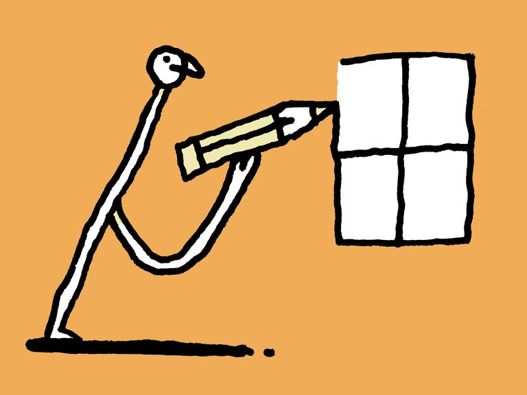 Illustration von Dominik Wendland: Ein Wesen zeichnet mit einem Stift ein Fenster.