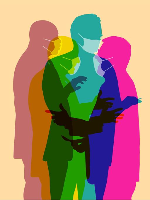 Illustration von mehreren farbigen Figuren, die Maske tragen und gestikulierend miteinander sprechen.