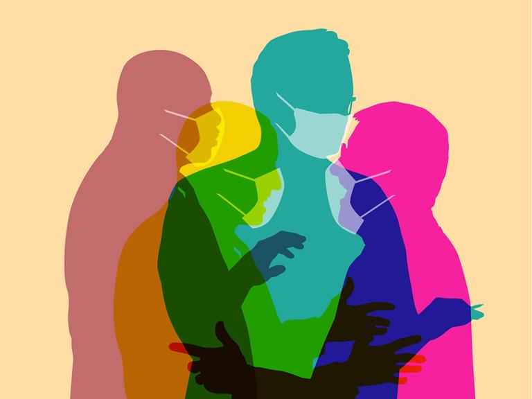 Illustration von mehreren farbigen Figuren, die Maske tragen und gestikulierend miteinander sprechen.