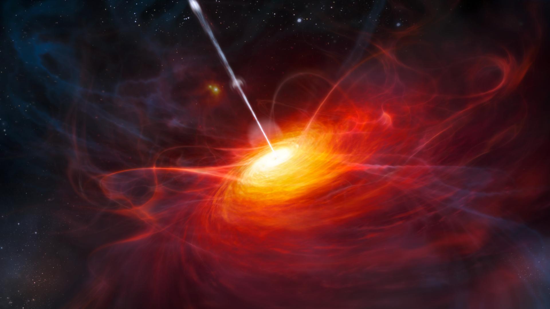 Hell strahlend dank eines Schwarzen Lochs im Zentrum: künstlerische Darstellung eines weit entfernten Quasars (Martin Kornmesser/ESO) Hell strahlend dank eines Schwarzen Lochs im Zentrum: künstlerische Darstellung eines weit entfernten Quasars (Martin Kornmesser/ESO)