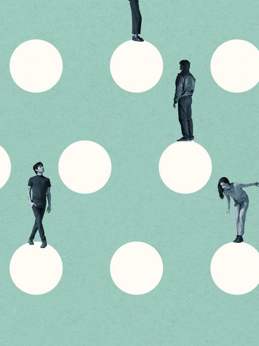 Illustration: Junge Menschen sitzen und stehen auf weissen Kugeln vor grünlichem Hintergrund.