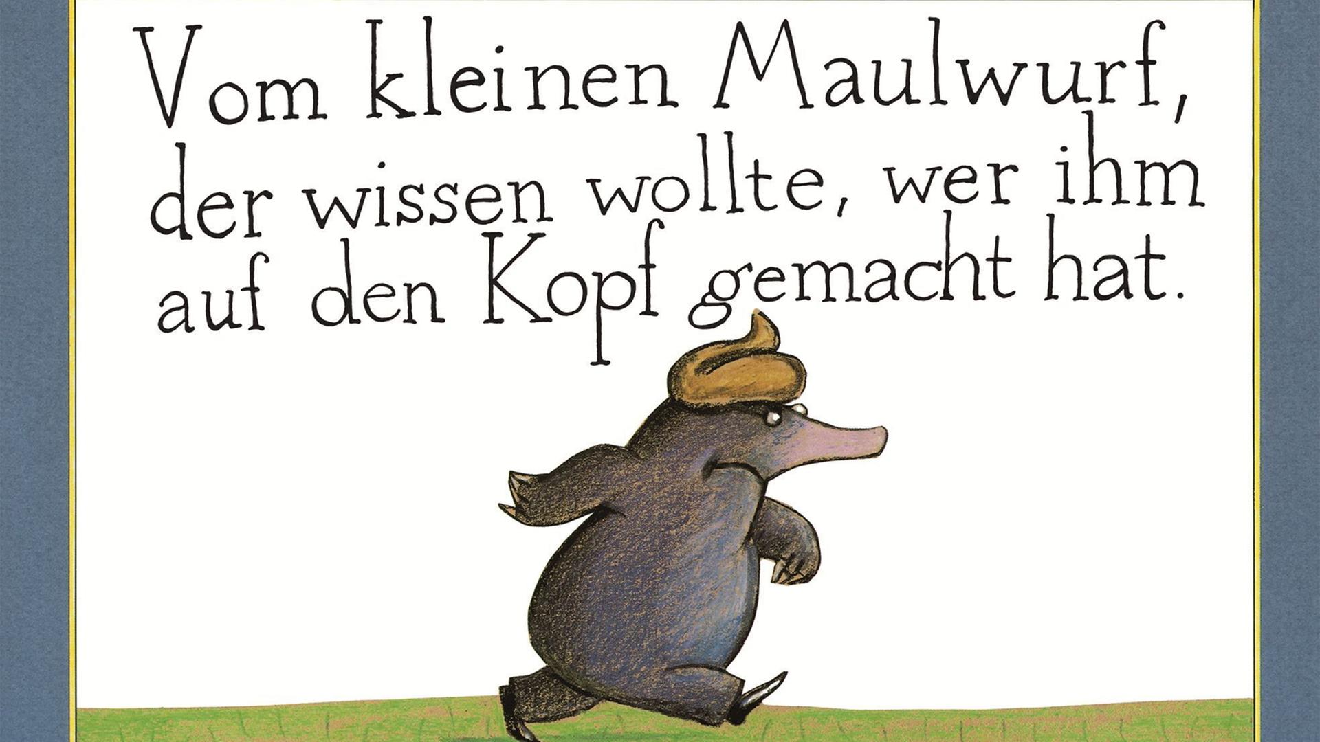 So sieht das bekannte Kinder-Buch aus. Ein Maul-Wurf hat einen Kack-Haufen auf dem Kopf.