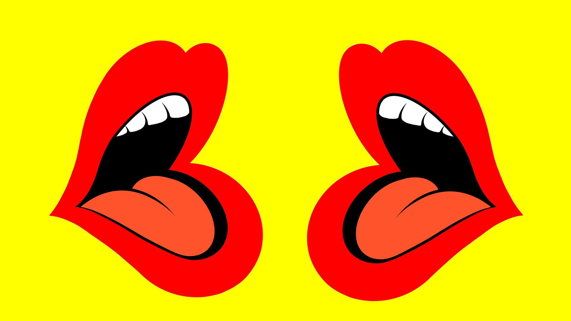 Illustration. Sprechende rote Lippen auf gelbem Hintergrund. Illustration. Sprechende rote Lippen auf gelbem Hintergrund.