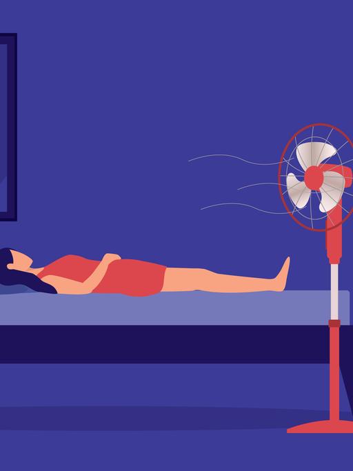 Illustration: Eine Frau liegt erschöpft in ihrem Bett, ein Ventilator steht vor ihr.