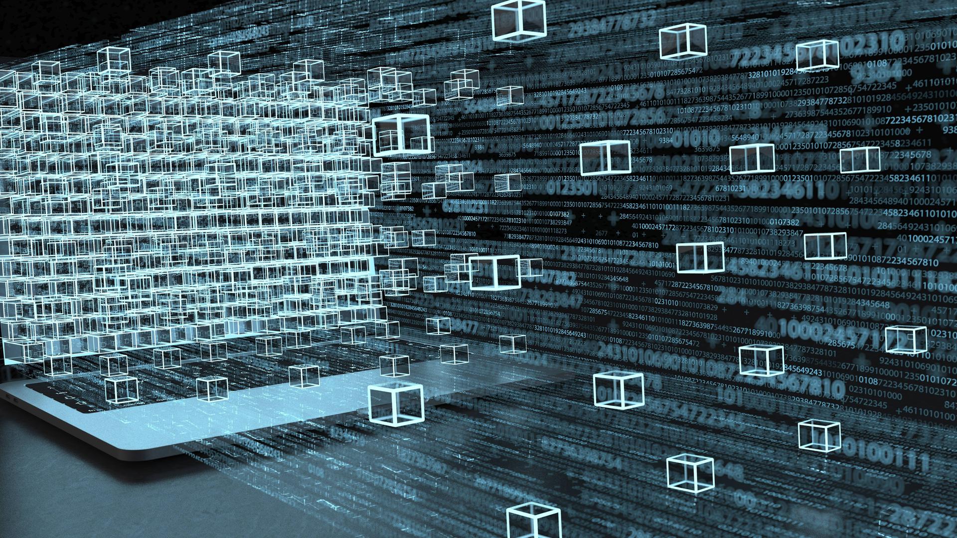 3D-Illustration von einem Laptop und Blockchain-Technologie 3D-Illustration von einem Laptop und Blockchain-Technologie