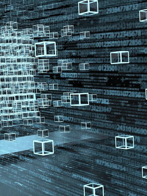 3D-Illustration von einem Laptop und Blockchain-Technologie