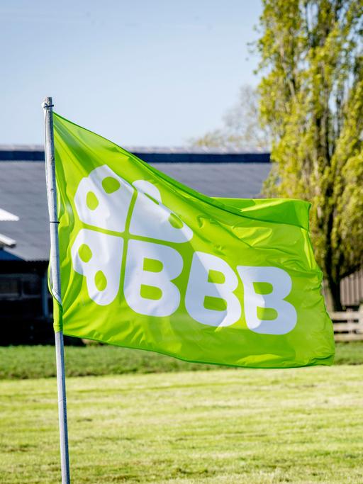 Vor einem Stall weht die grüne Fahne der BoerBurgerBeweging. Darauf sind drei Bs und ein Kleeblatt.