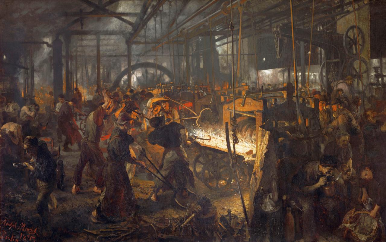 Das Gemälde von Adolph Menzel zeigt Arbeiter in einem Eisenwalzwerk.