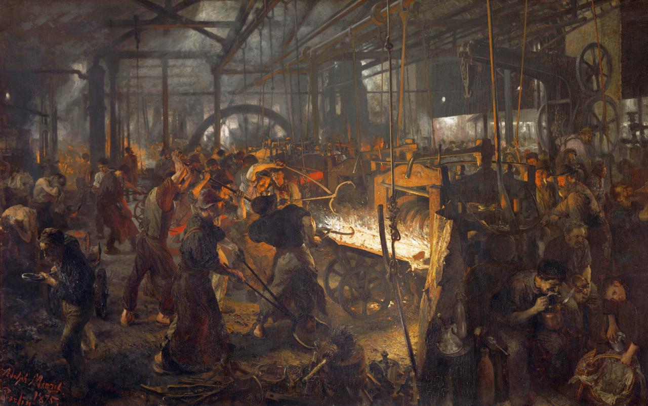 Das Gemälde von Adolph Menzel zeigt Arbeiter in einem Eisenwalzwerk. Das Gemälde von Adolph Menzel zeigt Arbeiter in einem Eisenwalzwerk.