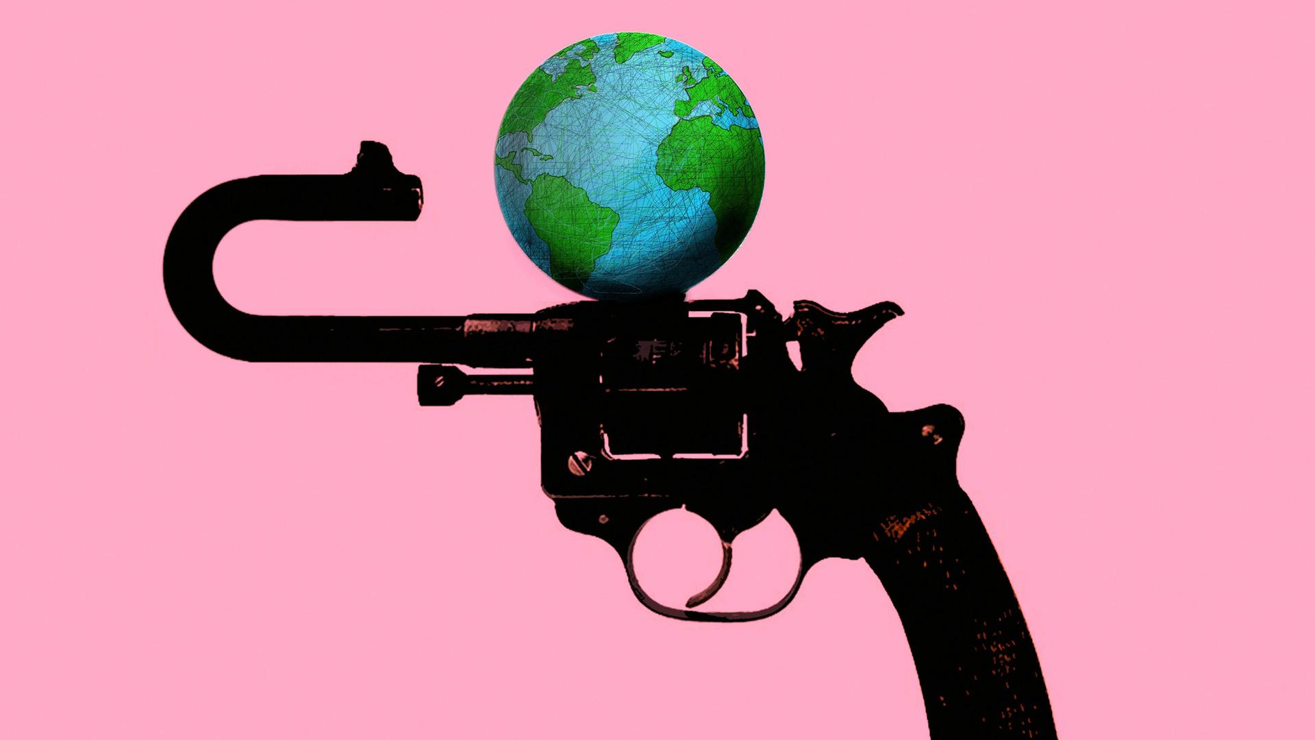 Illustration: Gebogener Lauf einer auf den Globus gerichteten Waffe Illustration: Gebogener Lauf einer auf den Globus gerichteten Waffe