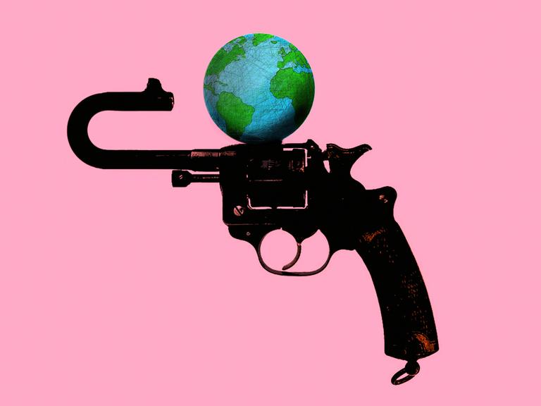 Illustration: Gebogener Lauf einer auf den Globus gerichteten Waffe 