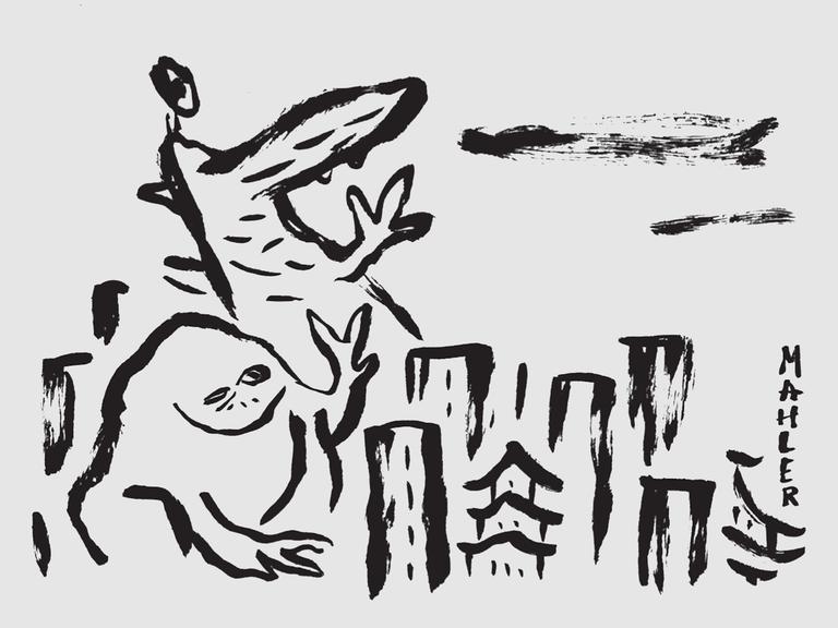 Die Zeichnung aus dem Comic zeigt einen Frosch und Godzilla zwischen den Hochhäusern von Tokio, gezeichnet in dicken schwarzen Tuschestrichen.