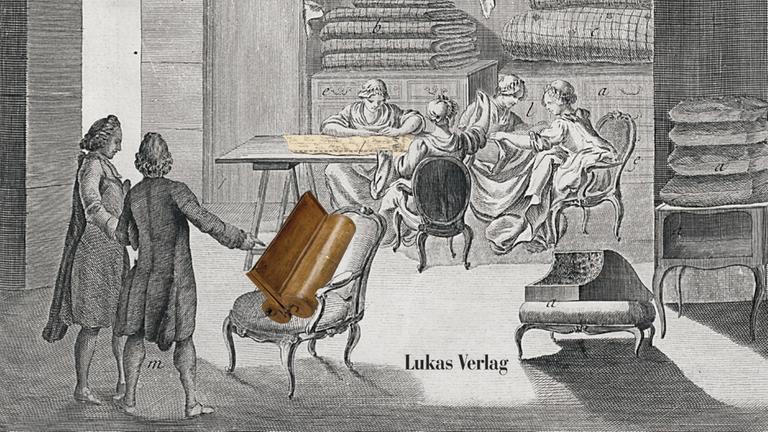 Der Stich auf dem Buchcover des Buches ""Die Chronologiemaschine" zeigt die Apparatur des Arztes und Universalgelehrten Jacques Barbeu-Dubourg (1709–1779). Mittels Chronologiemaschine ließen sich drei Dutzend Kupferdrucke in ein horizontales Bildpanorama übersetzen. Der Stich auf dem Buchcover des Buches ""Die Chronologiemaschine" zeigt die Apparatur des Arztes und Universalgelehrten Jacques Barbeu-Dubourg (1709–1779). Mittels Chronologiemaschine ließen sich drei Dutzend Kupferdrucke in ein horizontales Bildpanorama übersetzen.