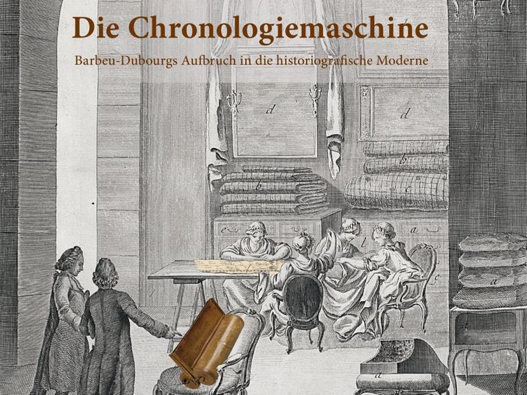 Der Stich auf dem Buchcover des Buches ""Die Chronologiemaschine" zeigt die Apparatur des Arztes und Universalgelehrten Jacques Barbeu-Dubourg (1709–1779). Mittels Chronologiemaschine ließen sich drei dutzend Kupferdrucke in ein horizontales Bildpanorama übersetzen. 