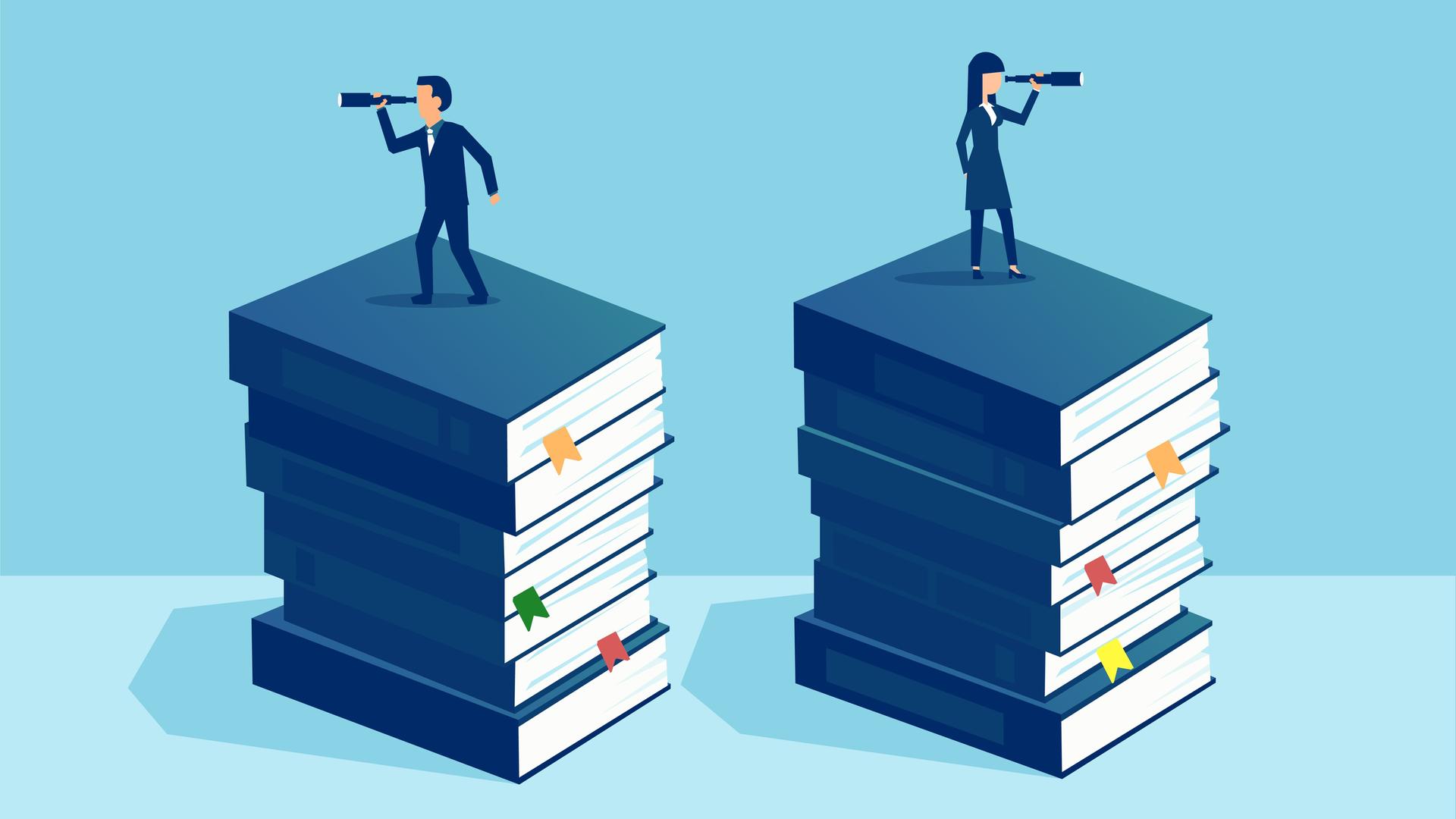 Illustration: Ein Mann und eine Frau stehen auf zwei Bücherstapeln und schauen durch ein Fernglas in unterschiedliche Richtungen Illustration: Ein Mann und eine Frau stehen auf zwei Bücherstapeln und schauen durch ein Fernglas in unterschiedliche Richtungen
