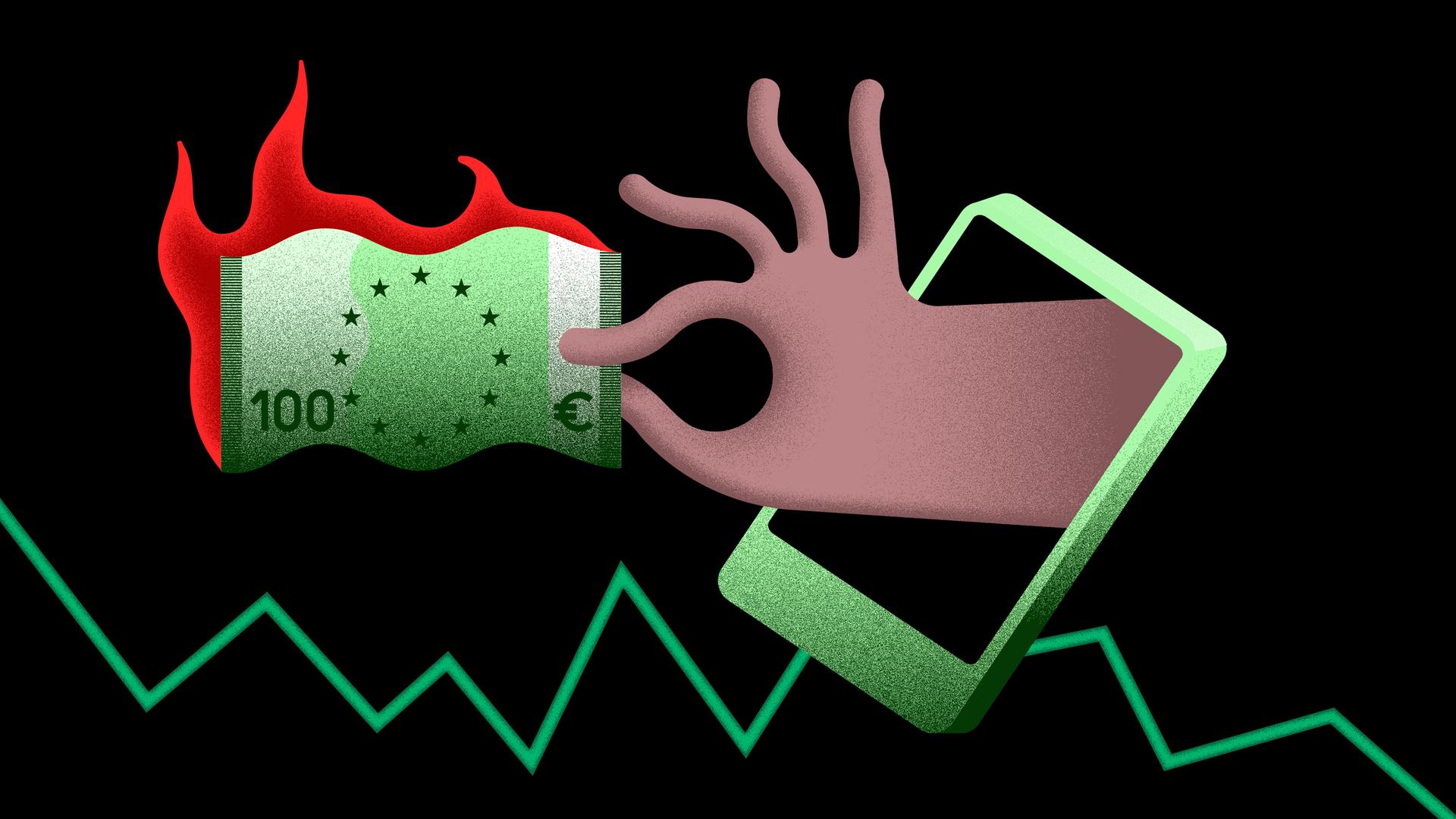 Grafik Hand mit brennendem Geldschein Grafik Hand mit brennendem Geldschein