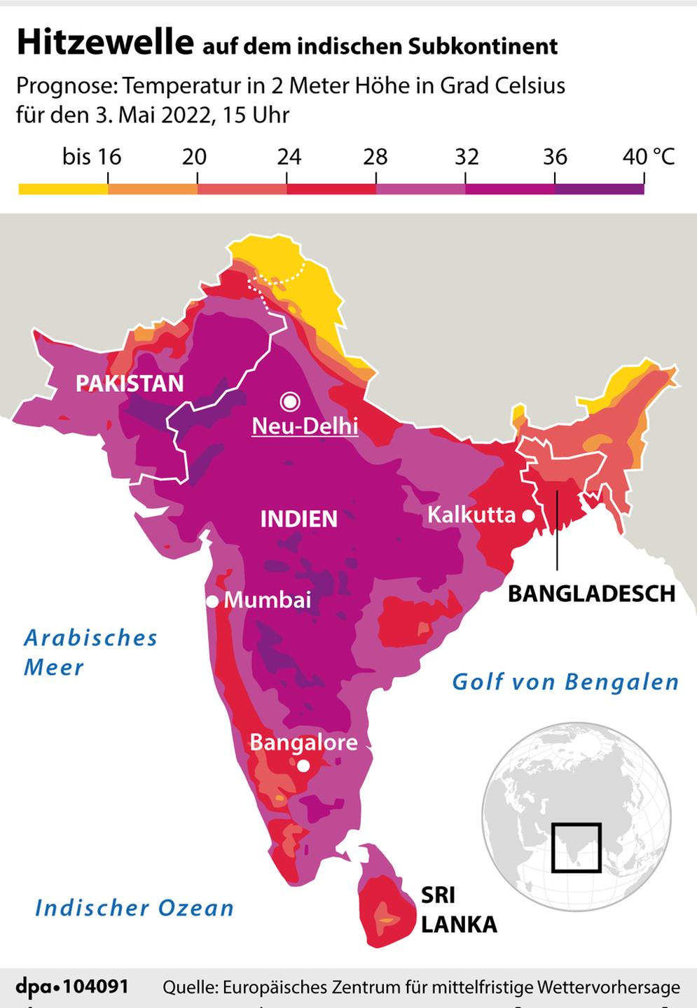 Grafische Darstellung der Temperaturen auf dem indischen Subkontinent am 03.05.2022.