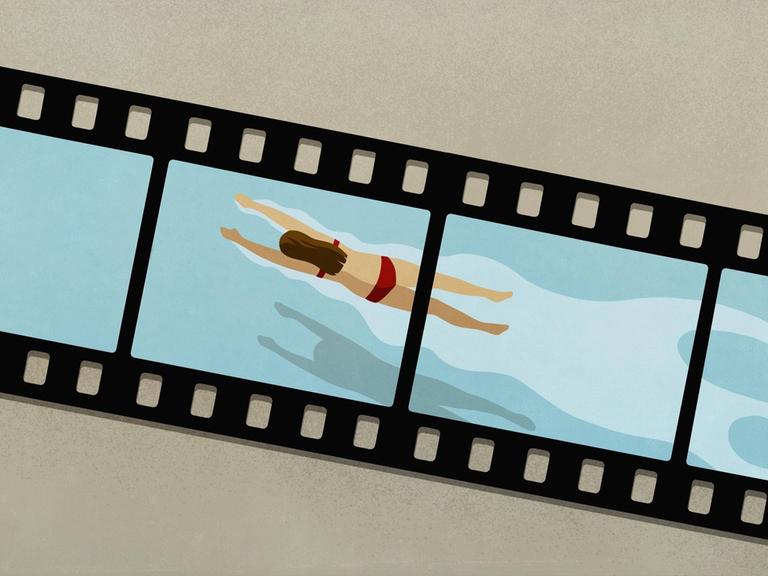 Illustration: Eine Frau schwimmt auf einem analogen Negativfilm.