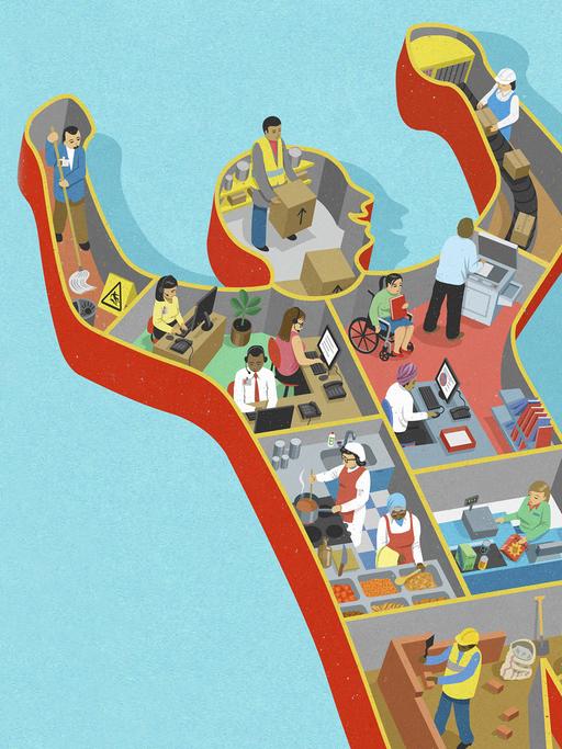 Illustration von Menschen, die einfache Arbeit verrichten, innerhalb der Silhouette eines Menschen mit erhobenen Armen.