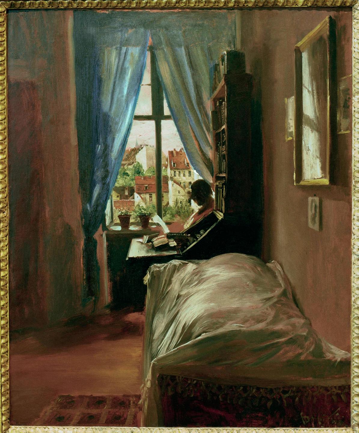 Das Gemälde von Adolph Menzen zeigt sein Schlafzimmer. Das Gemälde von Adolph Menzen zeigt sein Schlafzimmer.