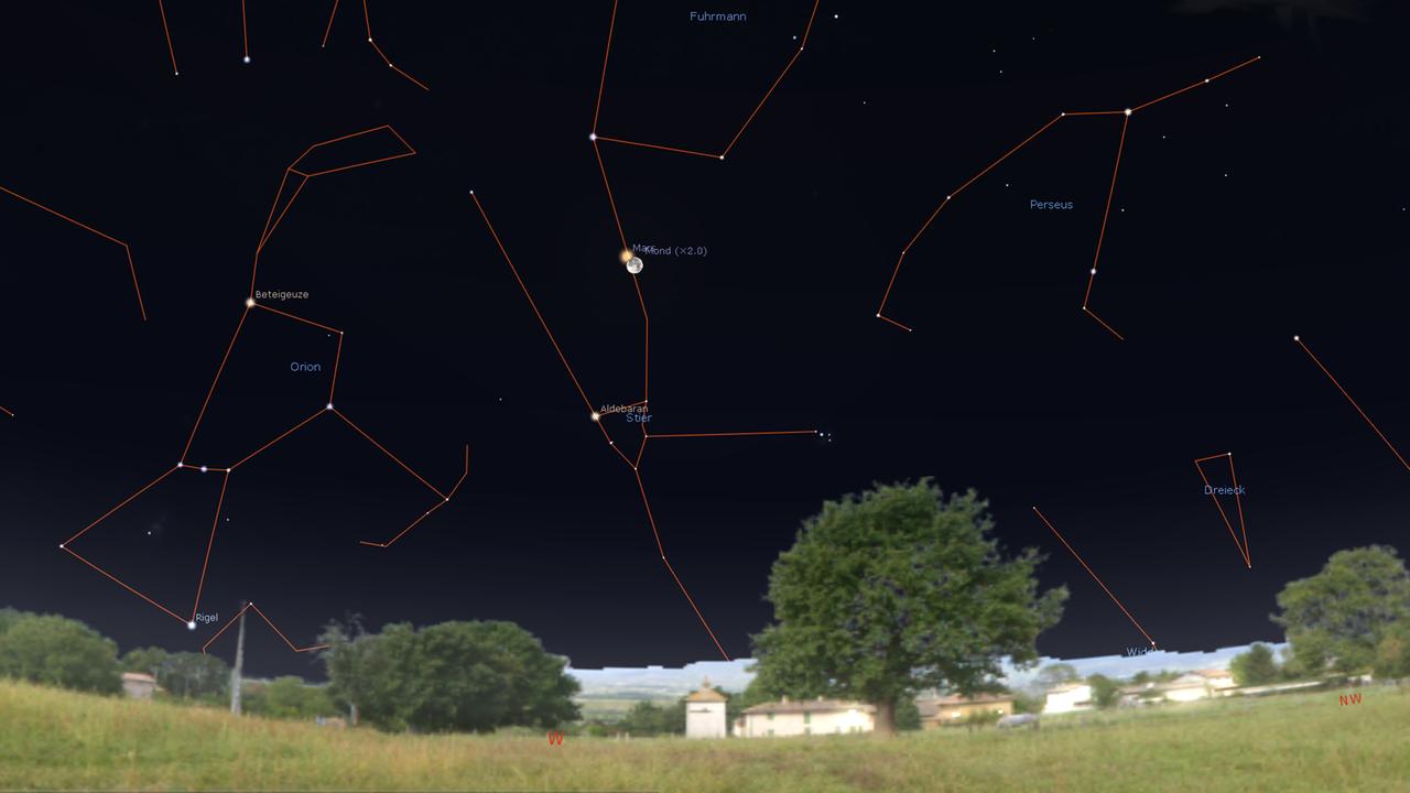 Donnerstag früh 5 Uhr: Der Mond nähert sich unserem Nachbarplaneten Mars. Donnerstag früh 5 Uhr: Der Mond nähert sich unserem Nachbarplaneten Mars.