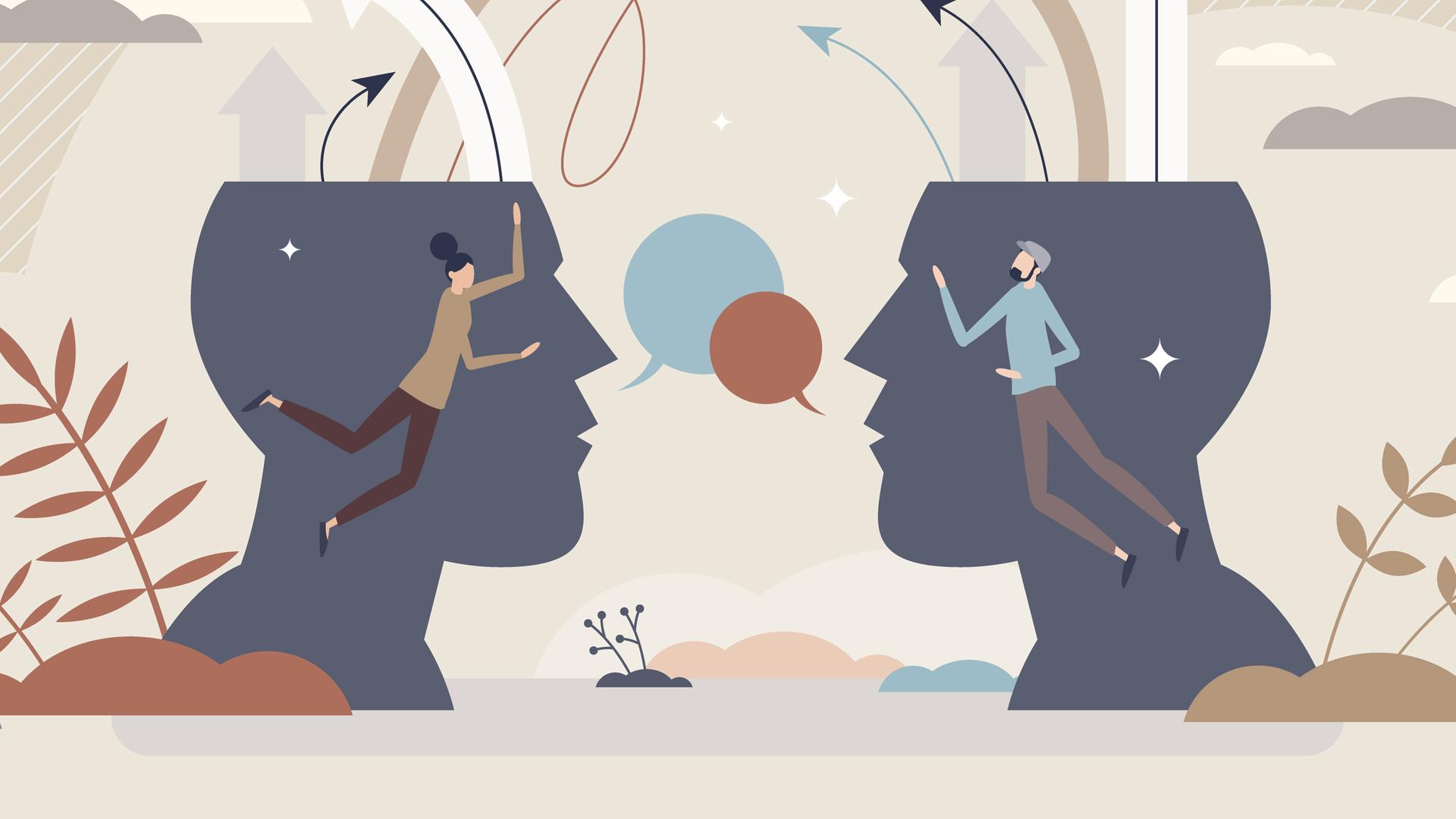 Illustration zweier Personen die angeregt diskutieren. Illustration zweier Personen die angeregt diskutieren.