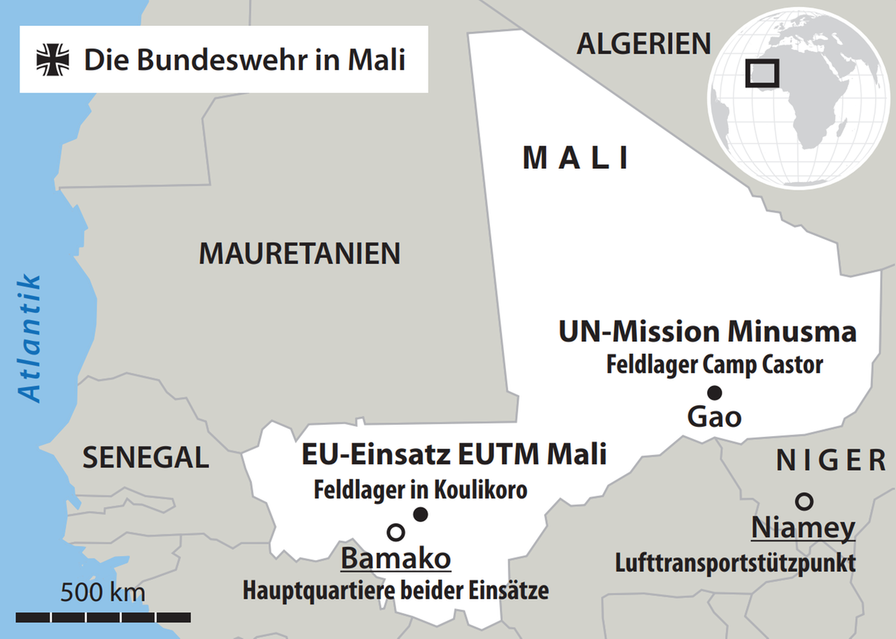 Die Bundeswehr in Mali: Karte der Einsatzgebiete und Nachbarländer Die Bundeswehr in Mali: Karte der Einsatzgebiete und Nachbarländer