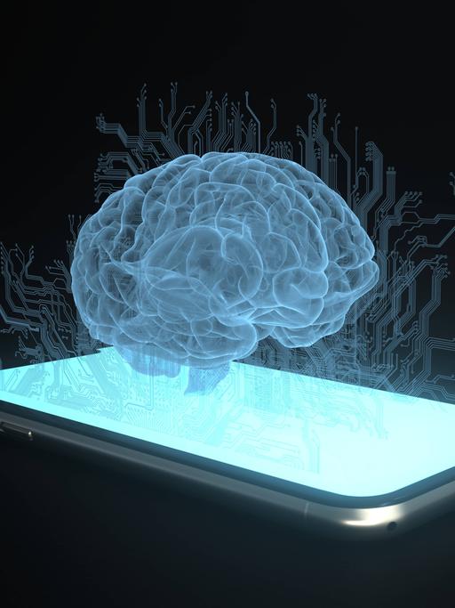 Die Illustration zeigt ein blau leuchtendes Gehirn über einem Smartphone.