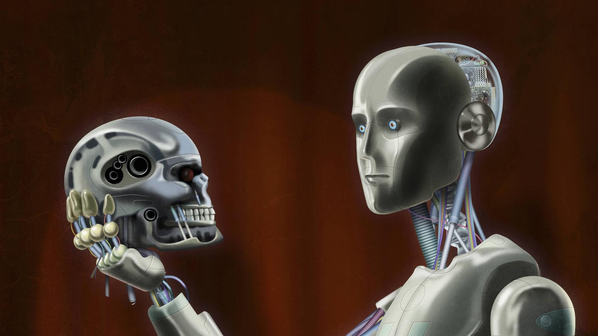 Android-Hamlet schaut auf einen Roboterschädel in seiner Hand