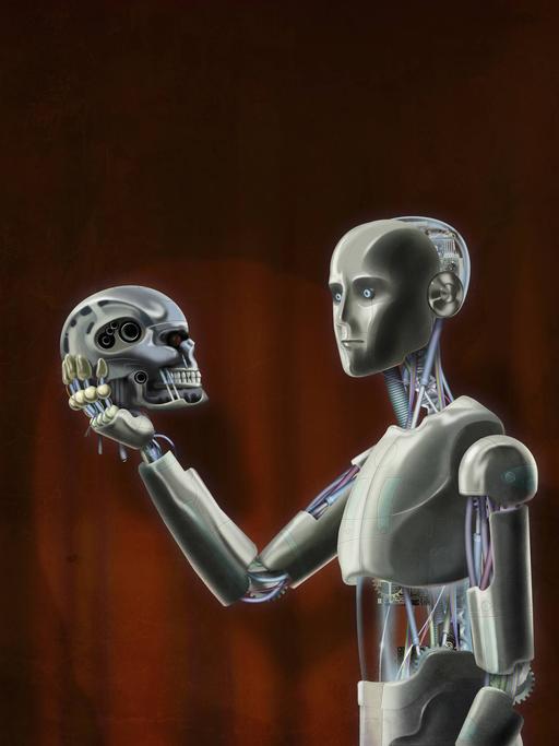 Android-Hamlet schaut auf einen Roboterschädel in seiner Hand