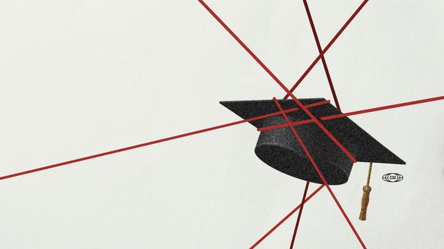 Illustration zum Recherche-Projekt China Science Investigation. Zu sehen ist ein akademischer Talar umringt von einer Art rotem Spinnennetz.
