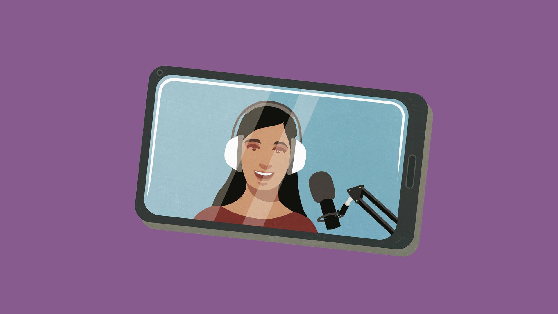 Eine Illustration zeigt eine Frau mit Kopfhörer und Mikrofon auf dem Display eines Mobiltelefons. Eine Illustration zeigt eine Frau mit Kopfhörer und Mikrofon auf dem Display eines Mobiltelefons.