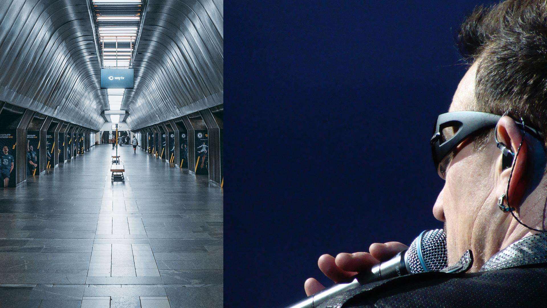 Links ein Foto einer U-Bahn-Station in Kiew, rechts ein Foto des U2-Frontmanns Bono.