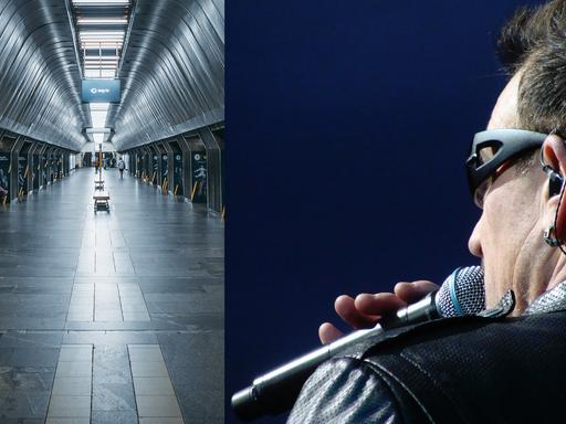 Links ein Foto einer U-Bahn-Station in Kiew, rechts ein Foto des U2-Frontmanns Bono.
