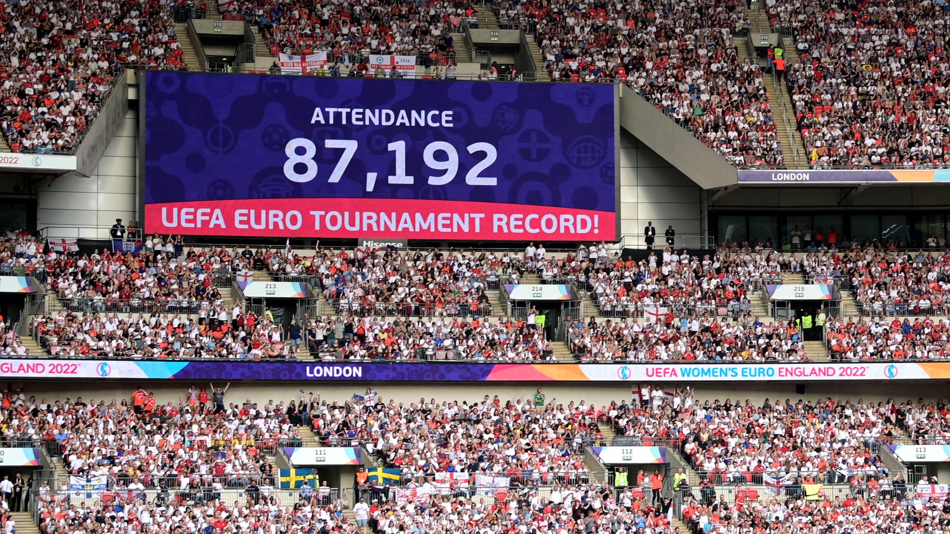 Auf einer Tafel im Wembley-Stadion wird der neue Zuschauerrekord bei einem EM-Finale verkündet - 87.192.