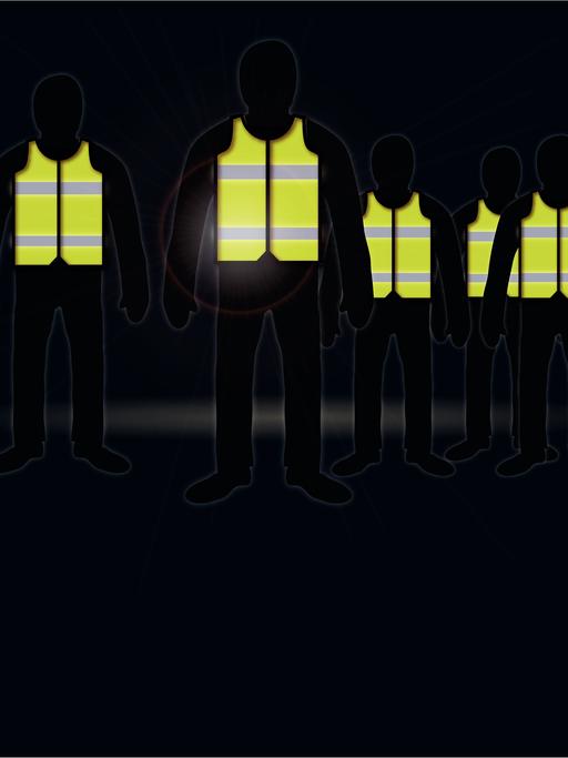 Illustration: Menschen in Gelbwesten in der Nacht vor schwarzem Hintergrund.