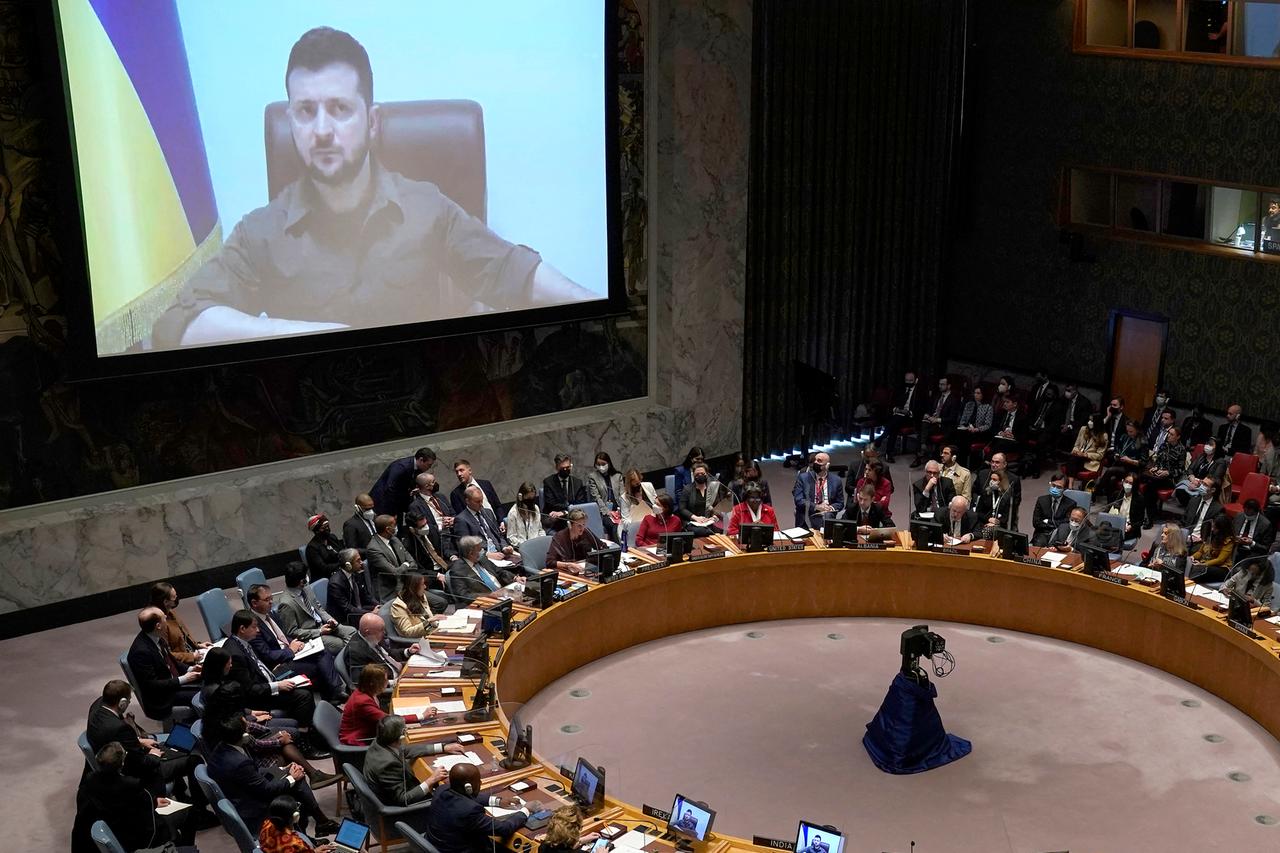 Der ukrainische Präsident Wolodomyr Selenskyj spricht per Video im Sicherheitsrat der Vereinten Nationen in New York. Der ukrainische Präsident Wolodomyr Selenskyj spricht per Video im Sicherheitsrat der Vereinten Nationen in New York.