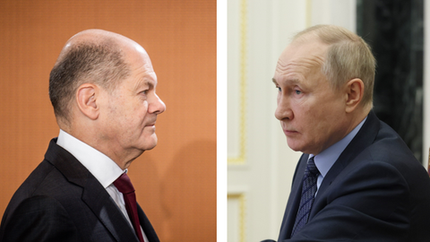 Potraitbilder von Olaf Scholz (links) und Vladimir Putin (Fotomontage)