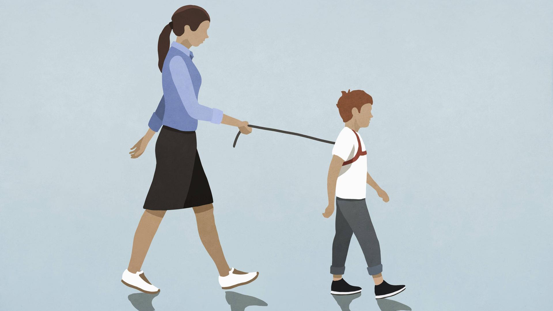 Eine Illustration zeigt eine Frau, die einen Jungen an einem Geschirr an der Leine führt. Eine Illustration zeigt eine Frau, die einen Jungen an einem Geschirr an der Leine führt.