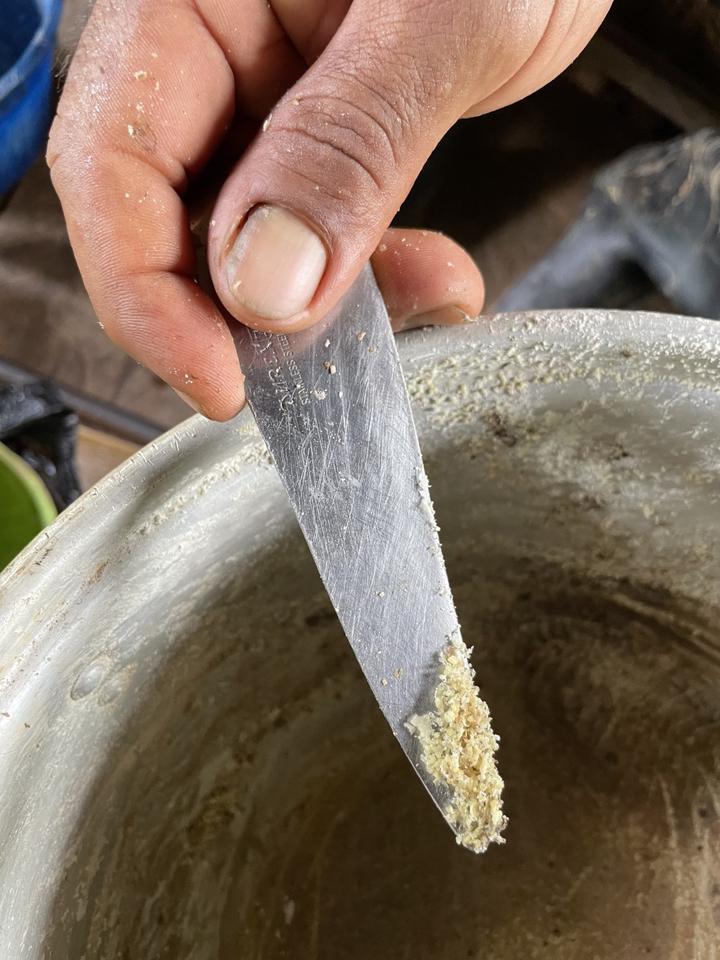 Eine Hand hält über einem runden Gefäß ein Messer an dessen Spitze eine beige Masse klebt.