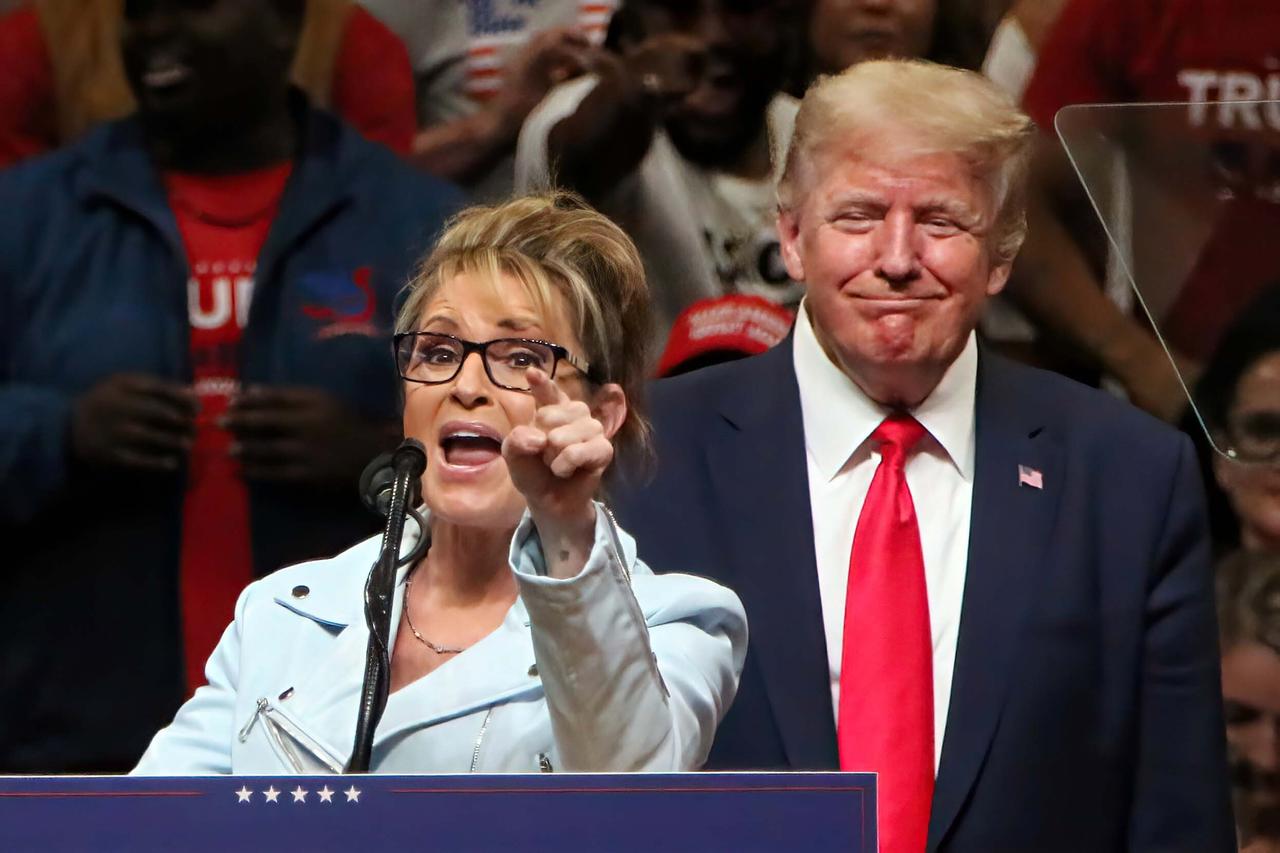 Jul 9, 2022 - Anchorage, Alaska, USA - Former Alaska Governor and Vice President candidate Sarah Palin stands with President Donald Trump during a Save America rally. Palin, who is endorsed by President Donald Trump, is running for Alaska's congressional seat left vacant by the death of Congressman Don Young. (Credit Image: © Al Grillo/ZUMA Press Wire Service/ZUMAPRESS.com Jul 9, 2022 - Anchorage, Alaska, USA - Former Alaska Governor and Vice President candidate Sarah Palin stands with President Donald Trump during a Save America rally. Palin, who is endorsed by President Donald Trump, is running for Alaska's congressional seat left vacant by the death of Congressman Don Young. (Credit Image: © Al Grillo/ZUMA Press Wire Service/ZUMAPRESS.com