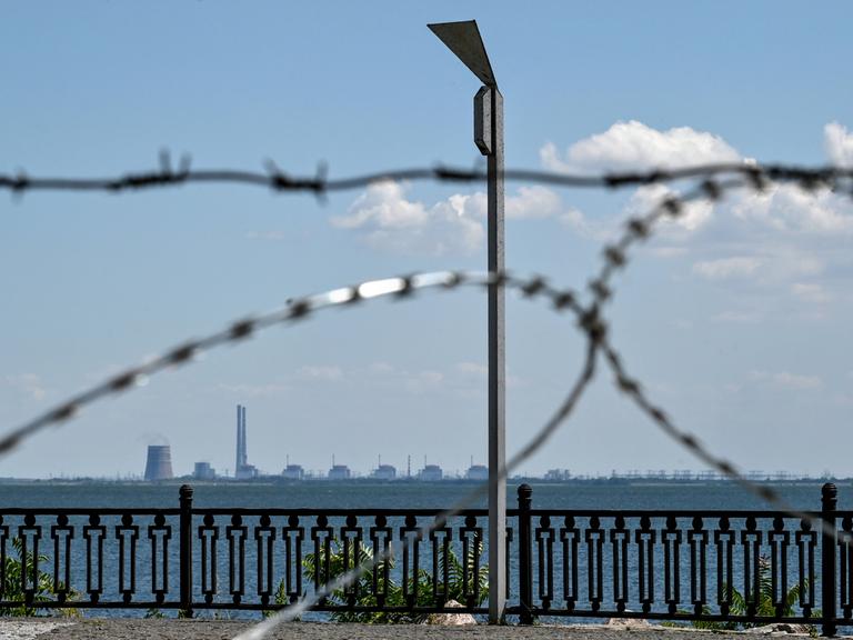 Blick durch Stacheldraht und über einen hohen Zaun auf das ukrainische Atomkraftwerk Saporischschja, das in der Ferne am Horizont zu sehen ist.