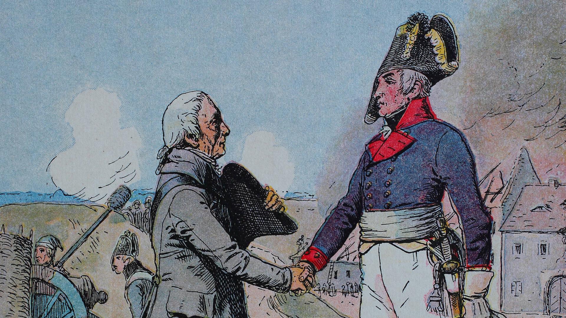 Ein Gemälde zeigt den preussischen Feldmarschall von Gneisenau (rechts) beim Handschlag mit Joachim Nettelbeck Ein Gemälde zeigt den preussischen Feldmarschall von Gneisenau (rechts) beim Handschlag mit Joachim Nettelbeck