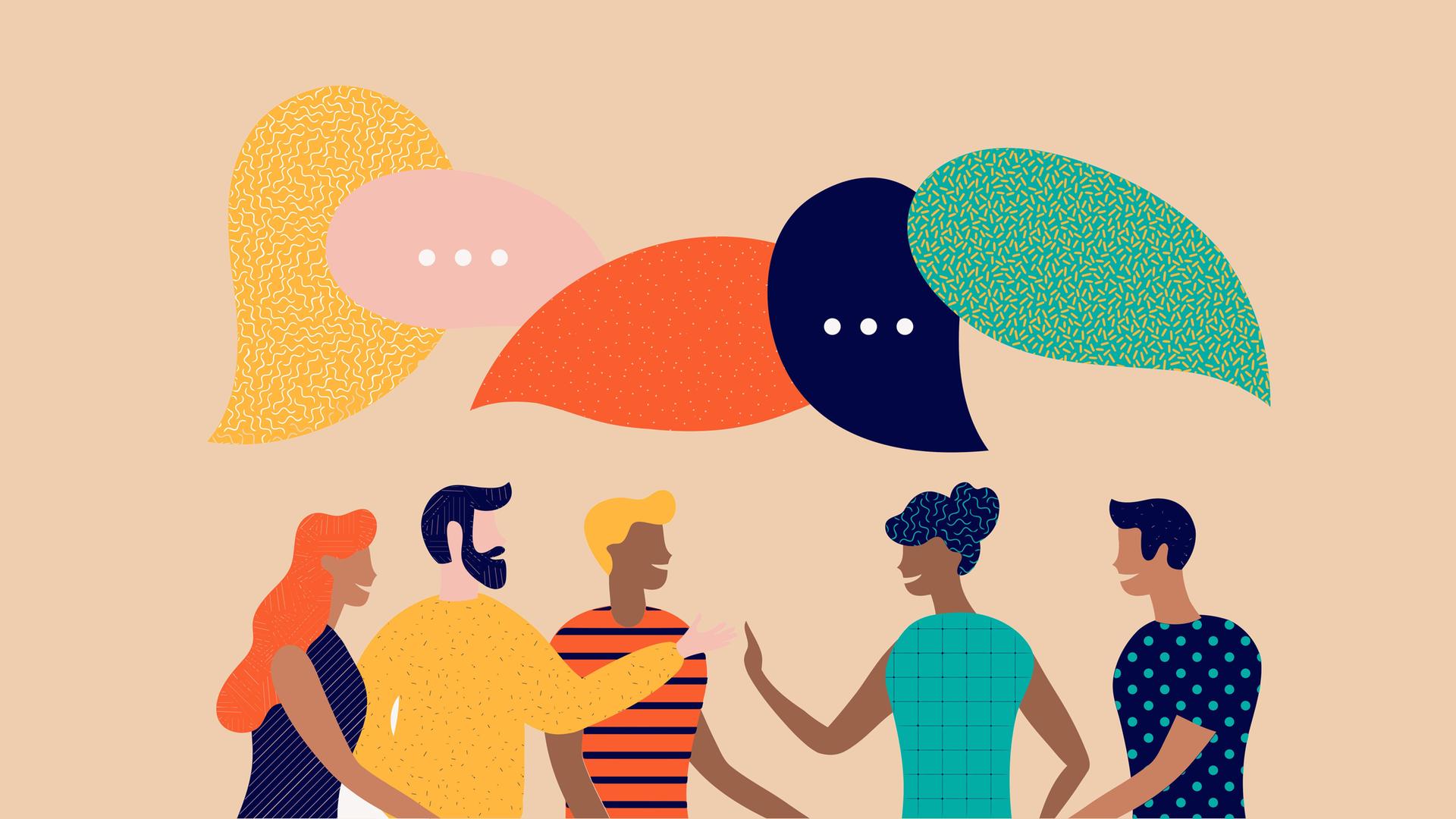 Illustration zeigt eine bunte Gruppe von Menschen über deren Köpfen Sprechblasen skizziert sind. Illustration zeigt eine bunte Gruppe von Menschen über deren Köpfen Sprechblasen skizziert sind.