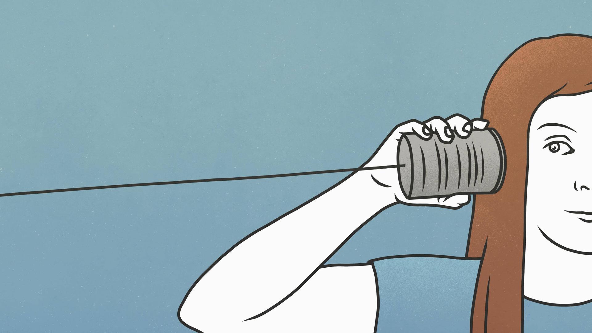 Illustration einer Frau, die in eine Blechbüchse hört. Illustration einer Frau, die in eine Blechbüchse hört.