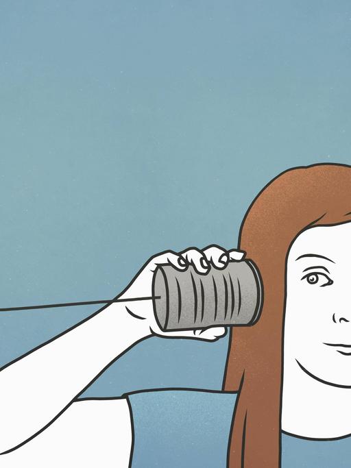 Illustration einer Frau, die in eine Blechbüchse hört.
