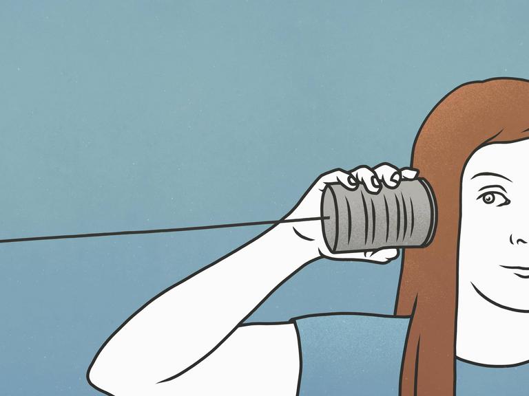 Illustration einer Frau, die in eine Blechbüchse hört.
