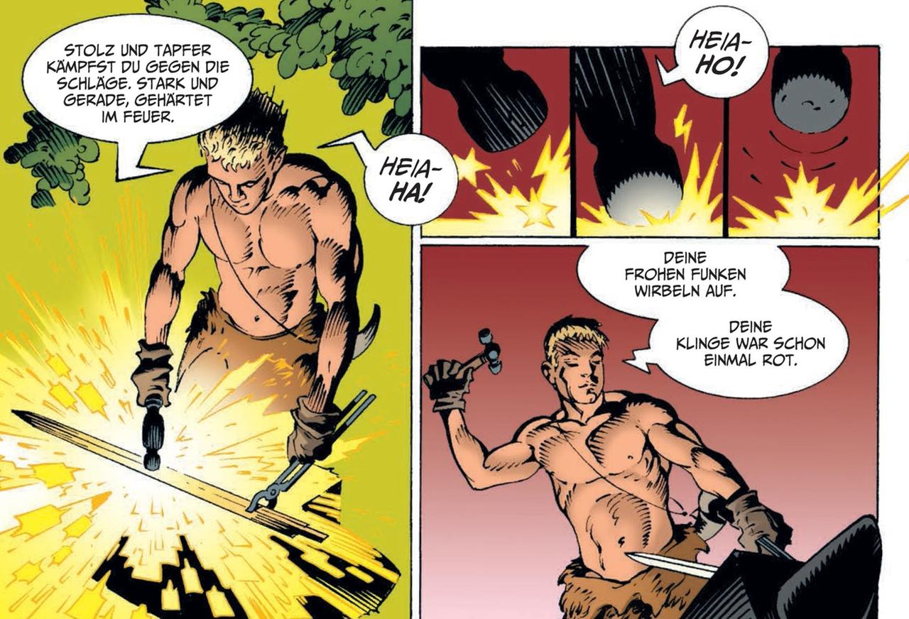 Ein Auszug aus dem Comic zeigt in mehreren Bildern, wie Siegfried sein Schwert schmiedet.